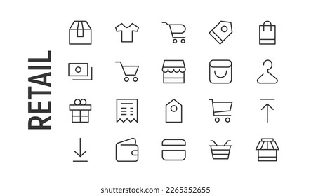 Premium pack of retail line icons. Stroke pictograms or objects perfect for web, apps and UI. Set of 20 retail outline signs.