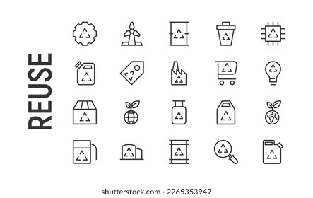 Premium pack of reuse line icons. Stroke pictograms or objects perfect for web, apps and UI. Set of 20 reuse outline signs. 
