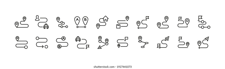 Premium pack of route line icons. Stroke pictograms or objects perfect for web, apps and UI. Set of 20 route outline signs. 