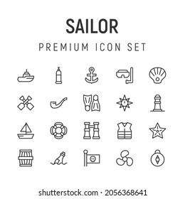 Premium pack of sailor line icons. Stroke pictograms or objects perfect for web, apps and UI. Set of 20 sailor outline signs.
