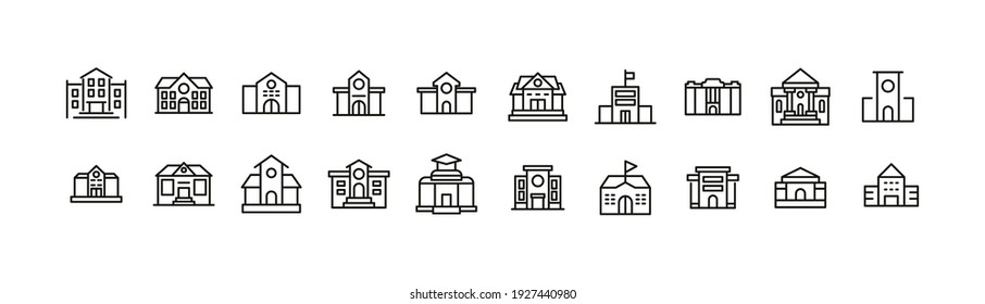 Premium pack of school line icons. Stroke pictograms or objects perfect for web, apps and UI. Set of 20 school building outline signs. 