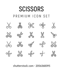 Premium pack of scissors line icons. Stroke pictograms or objects perfect for web, apps and UI. Set of 20 scissors outline signs. 