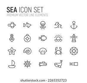 Premium pack of sea line icons. Stroke pictograms or objects perfect for web, apps and UI. Set of 20 sea outline signs.