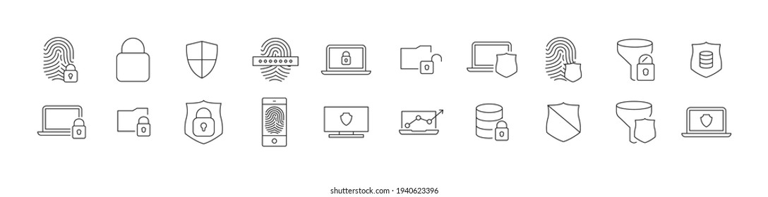 Premium pack of security computer line icons. Stroke pictograms or objects perfect for web, apps and UI. Set of 20 security computer outline signs. 