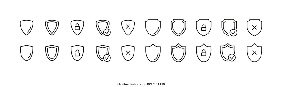 Premium pack of shield line icons. Stroke pictograms or objects perfect for web, apps and UI. Set of 20 guard outline signs. 