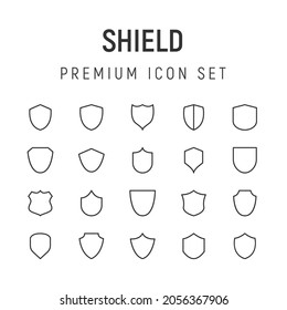 Premium pack of shield line icons. Stroke pictograms or objects perfect for web, apps and UI. Set of 20 shield outline signs. 