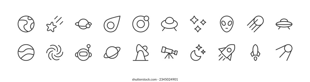 Paquete premium de iconos de línea de espacio. Pictogramas de ataque u objetos perfectos para web, aplicaciones e interfaz de usuario. Conjunto de signos de esquema