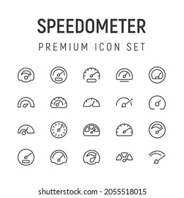 Premium pack of speedometer line icons. Stroke pictograms or objects perfect for web, apps and UI. Set of 20 speedometer outline signs. 