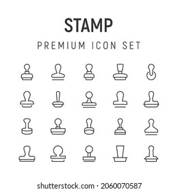 Premium pack of stamp line icons. Stroke pictograms or objects perfect for web, apps and UI. Set of 20 stamp outline signs. 