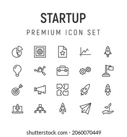 Premium pack of startup line icons. Stroke pictograms or objects perfect for web, apps and UI. Set of 20 startup outline signs. 