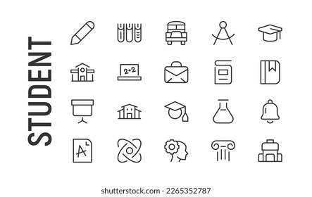 Premium pack of student line icons. Stroke pictograms or objects perfect for web, apps and UI. Set of 20 student outline signs.