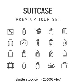 Paquete premium de iconos de la línea de maleta. Pictogramas de ataque u objetos perfectos para web, aplicaciones e interfaz de usuario. Conjunto de 20 signos de contorno de maleta.