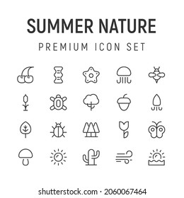 Premium pack of summer nature line icons. Stroke pictograms or objects perfect for web, apps and UI. Set of 20 summer nature outline signs. 