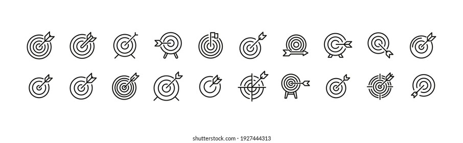 Paquete premium de iconos de la línea de destino. Pictogramas de ataque u objetos perfectos para web, aplicaciones e interfaz de usuario. Conjunto de 20 signos de contorno de destino. 