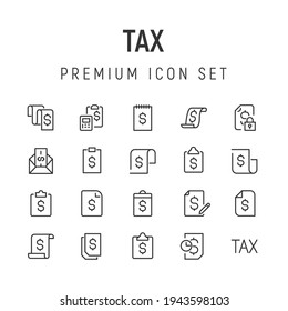 Premium pack of tax line icons. Stroke pictograms or objects perfect for web, apps and UI. Set of 20 tax outline signs. 