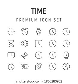Premium pack of time line icons. Stroke pictograms or objects perfect for web, apps and UI. Set of 20 time outline signs. 
