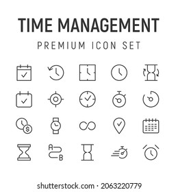 Premium pack of time management line icons. Stroke pictograms or objects perfect for web, apps and UI. Set of 20 time management outline signs.