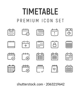 Premium pack of timetable line icons. Stroke pictograms or objects perfect for web, apps and UI. Set of 20 timetable outline signs. 