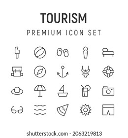 Premium pack of tourism line icons. Stroke pictograms or objects perfect for web, apps and UI. Set of 20 tourism outline signs. 