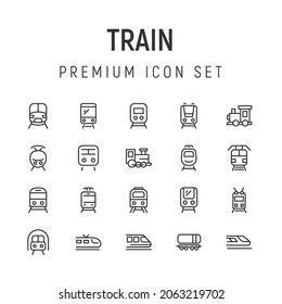 Premium pack of train line icons. Stroke pictograms or objects perfect for web, apps and UI. Set of 20 train outline signs.