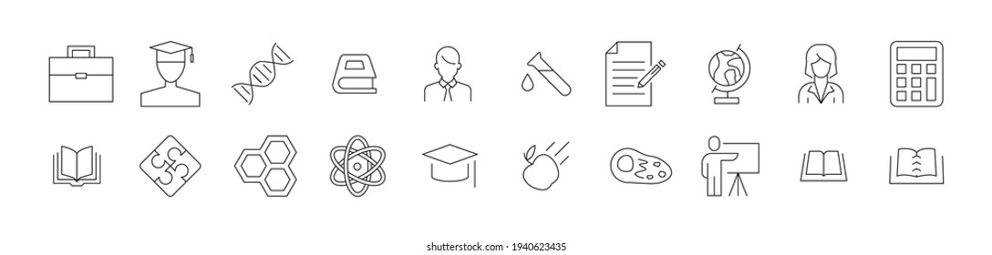 Premium pack of university line icons. Stroke pictograms or objects perfect for web, apps and UI. Set of 20 university outline signs. 