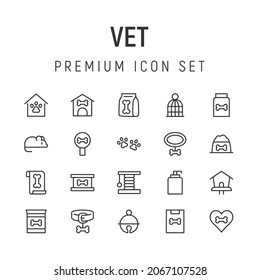 Premium pack of vet line icons. Stroke pictograms or objects perfect for web, apps and UI. Set of 20 vet outline signs. 