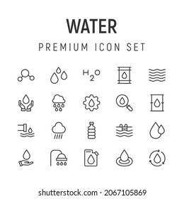 Premium pack of water line icons. Stroke pictograms or objects perfect for web, apps and UI. Set of 20 water outline signs. 