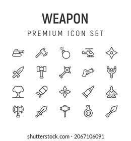 Paquete premium de iconos de línea de armas. Pictogramas de ataque u objetos perfectos para web, aplicaciones e interfaz de usuario. Conjunto de 20 signos de contorno de armas. 