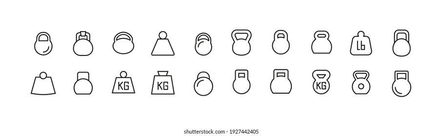 Premium pack of weight line icons. Stroke pictograms or objects perfect for web, apps and UI. Set of 20 weight outline signs. 