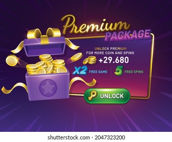 Premium Package game screen with unlock button. Gift Box opened. Interface GUI, mobile or web game