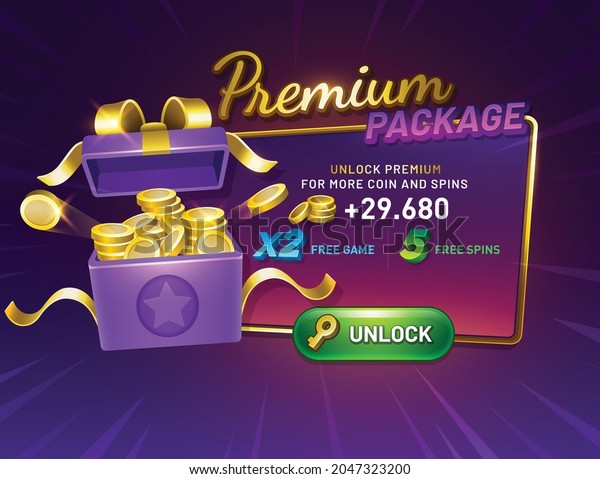 Premium Package game screen with\
unlock button. Gift Box opened. Interface GUI, mobile or web\
game