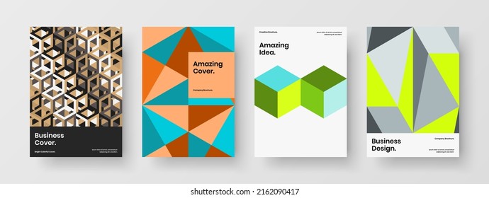 Premium pamphlet A4 design vector layout set. Isolated geometric hexagons annual report template composition.