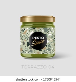 Envase de vidrio de Salsa de Pesto Premium con el patrón de Terrazzo en la etiqueta aislado sobre fondo gris claro: Ilustración vectorial