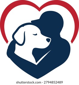 Premium pet adoption logo vector icon featuring a caring human figure embracing a dog within a heart-shaped outline.