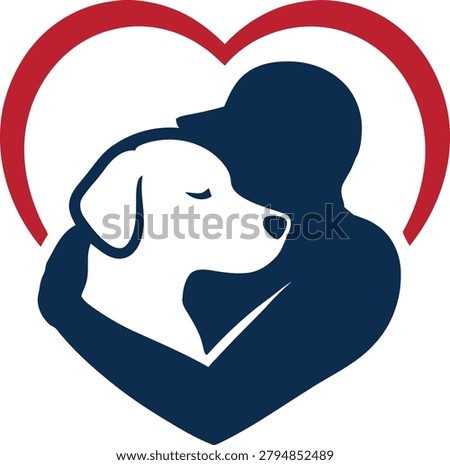 Premium pet adoption logo vector icon featuring a caring human figure embracing a dog within a heart-shaped outline.