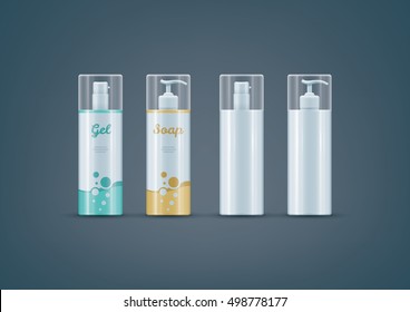 Premium photo-realistic layered vector mock-up set of soap / gel bottles ready for to showcase your design. Vector file can be scaled to any size you want.