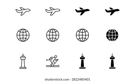 Premium Plane globe and ski icons set in outline and glyph style Vector Icon