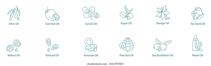 Premium Plant-Based Oils Vector Icon Set: Olive, Coconut, Canola, Argan, Borage, Tea Seed, Walnut, Almond, Avocado, Pine Nut, Sea Buckthorn, Neem