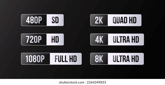 Premium Platinum metallic color monitor screen resolution definition label sticker. 480, 720, 1080, 2k, 4k, 8k, ultra hd set