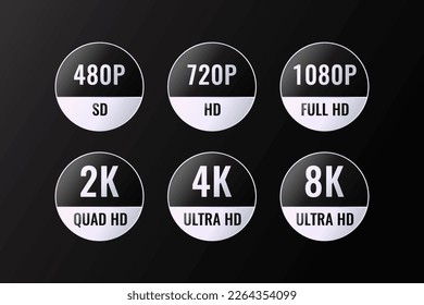 Premium Platinum metallic color monitor screen resolution definition round icon label. 480, 720, 1080, 2k, 4k, 8k, ultra hd quad hd collection