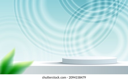 Premium podium display closeup of blue transparent clear calm water surface texture with splashes and bubbles for cosmetic moisturizer background. studio stage with shadow of background. vector design