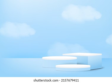 Premium-Podiumvorführung mit blauem Himmelshintergrund.