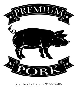 Premium pork menu icon of a pig and banners in a stamp style