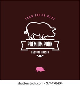 premium pork vector line label, pig icon, meat, food