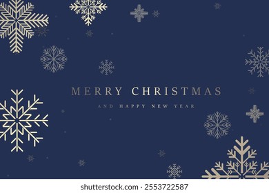Premium post card design for Christmas snow flakes, gold snow flakes on blue background. Elegant snow with A Merry Christmas and Happy New Year text for greeting card
