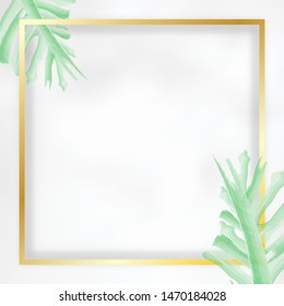 Premium poster design concept mockup template with golden frame, green leaves and marble background. Can be used for invitation or greeting card.