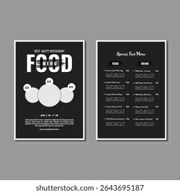 Premium Printable Menu Template, Restaurant Branding Menu Design, Black and White Food Menu Flyer Luxury Restaurant Template with Dark Theme Accents, Stylish Food Menu, Banner Design.