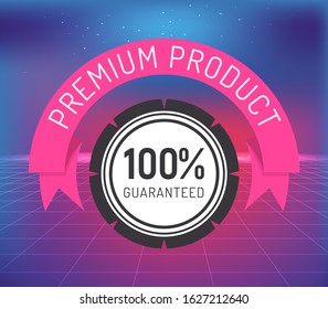 Premium product guaranteed round stamp label with digital net vector. Shopping tag illustration with certified insurance element and 100 hundred percent guarantee. Best product creative sticker