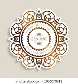 Premium product label with gold border, ornamental sticker, cutout paper badge, golden round frame with swirly line pattern, eps10 vector illustration
