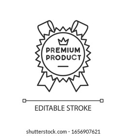 Premium product pixel perfect linear icon. Thin line customizable illustration. Brand equity contour symbol. Superior goods badge with crown vector isolated outline drawing. Editable stroke